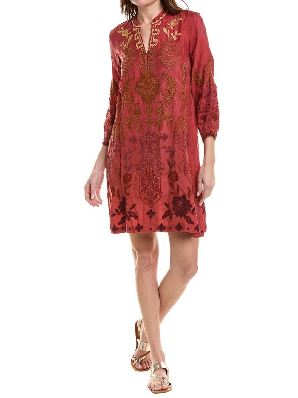Johnny Was Rusty Red Embroidered Tunic Mini Dress